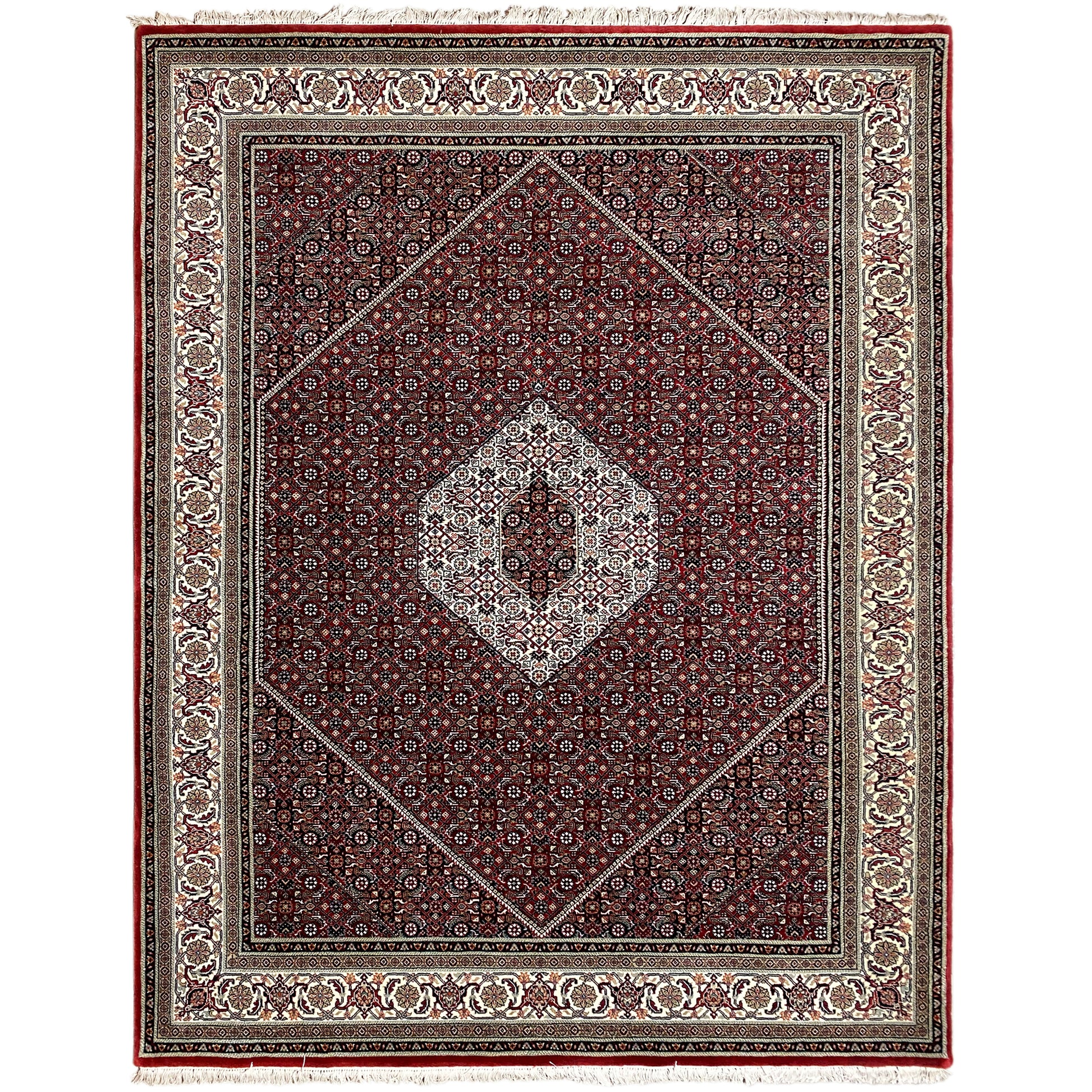 Handgeknüpfter Bidjar Teppich aus Wolle in Rot und Creme, 241x175 cm