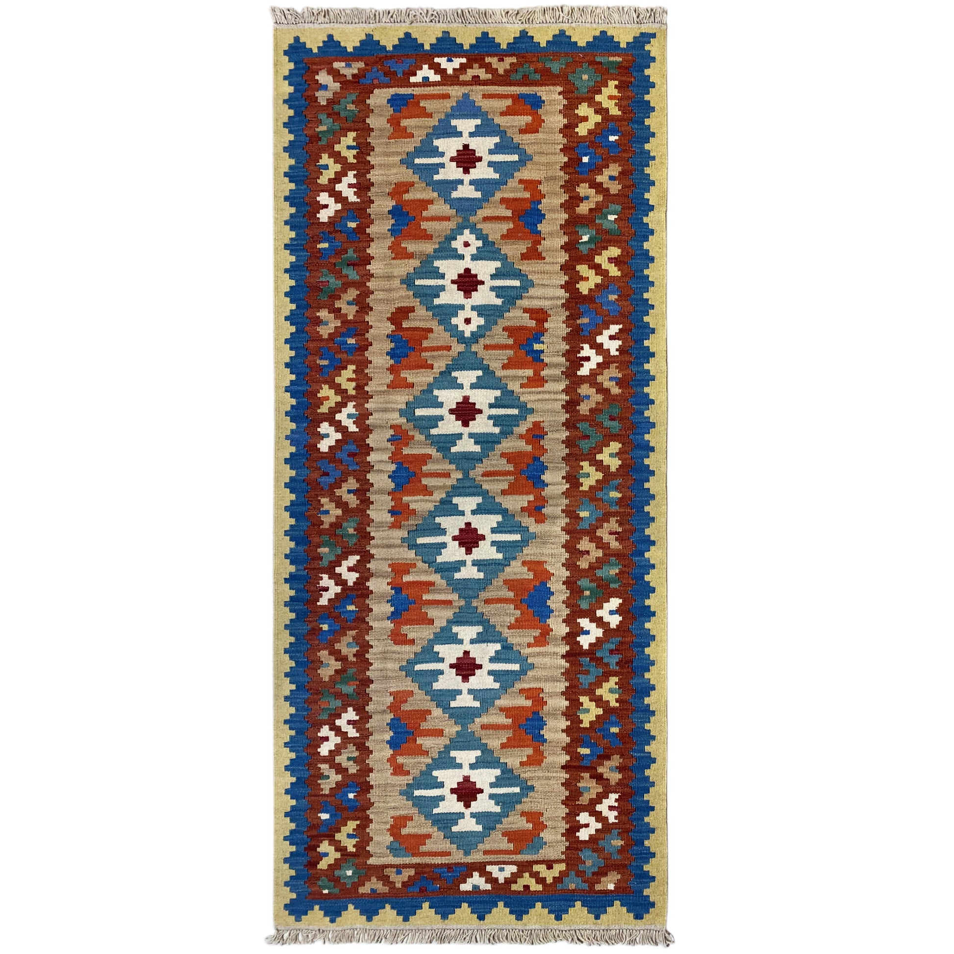 Handgewebter Kelim Qashqai Teppich blau-beige 203x84 cm Läufer